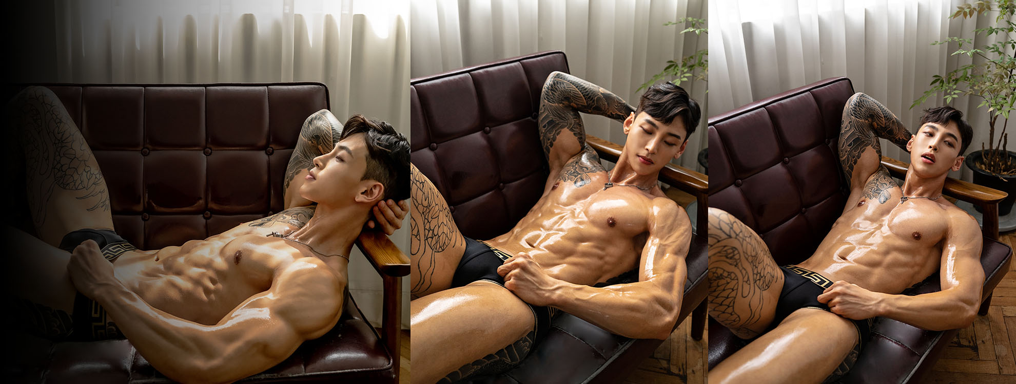 A man's head rests on another's shoulder post-passion a tender embrace